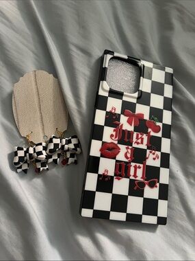 Checkerboard Black & White Bow Drop Earrings & “Just a Girl” Phone Case Set